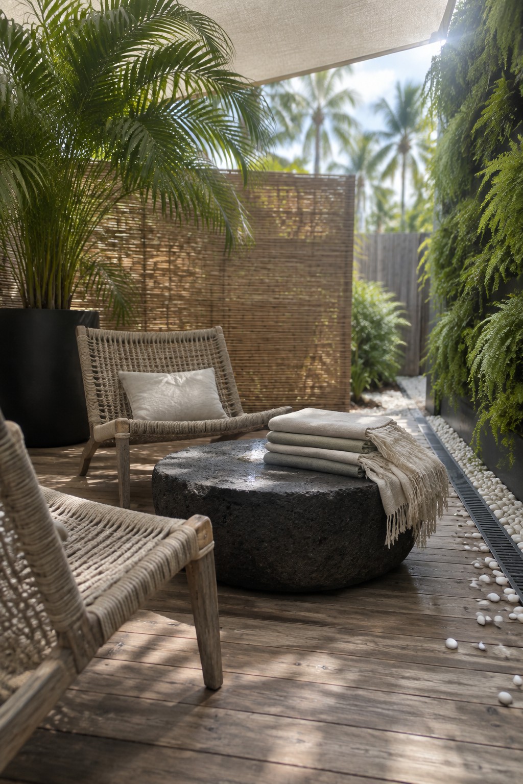A compact wooden deck patio features two woven lounge chairs facing a large round dark stone table with stacked folded towels on top, surrounded by potted palms, a bamboo screen, and a vertical fern wall.