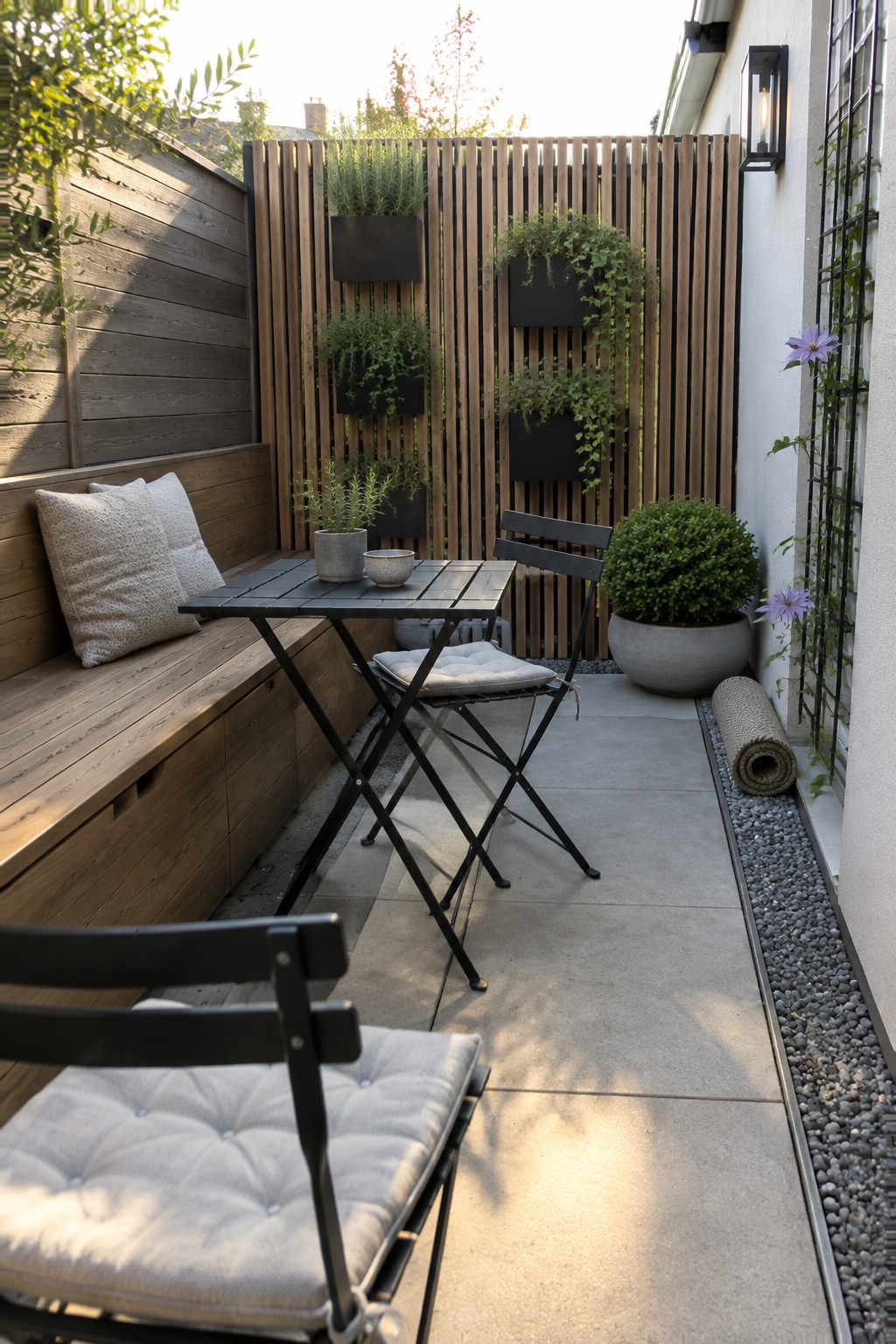 A narrow outdoor patio with a wooden built-in bench with cushions, a black folding table and chairs, wall-mounted planters on a slatted fence, and several potted plants.
