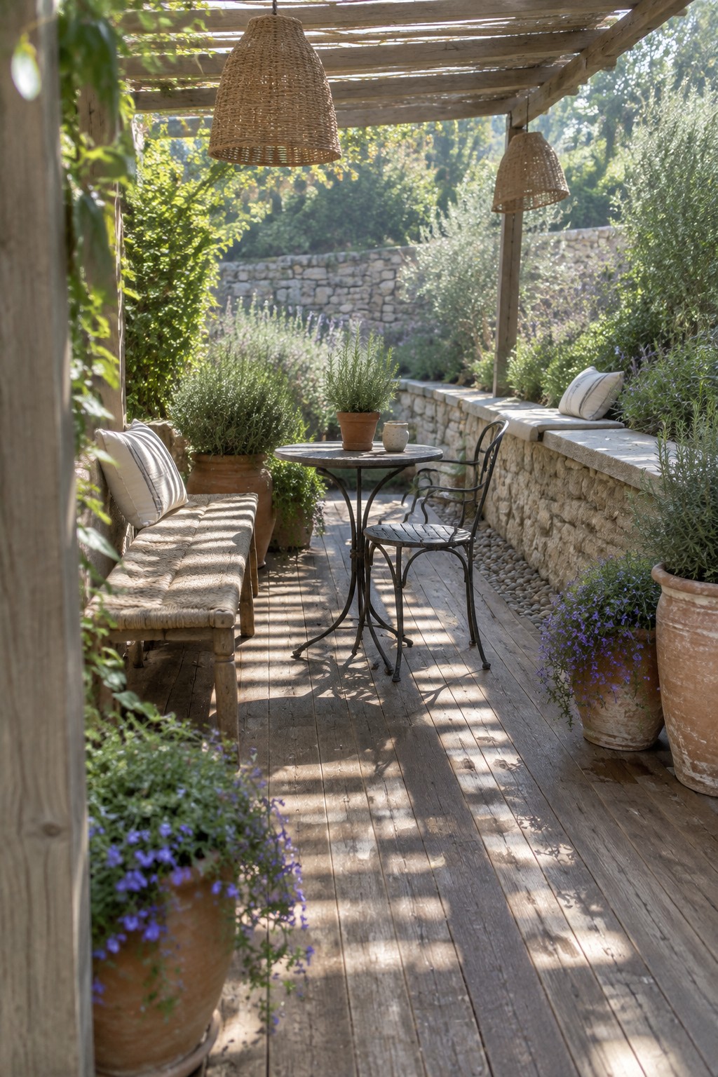A narrow wooden deck patio under a pergola with woven pendant lights, stone walls lined with built-in benches and cushions, a round metal table with chairs, and many terracotta pots with plants and flowers.
