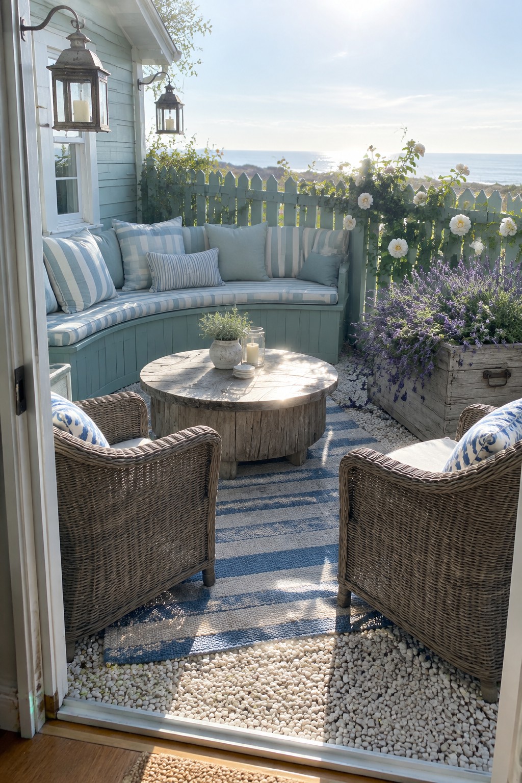 A small coastal patio with a curved built-in bench with blue and white striped cushions, a round wooden table, two wicker armchairs on a striped rug over gravel, and a wooden planter with lavender.