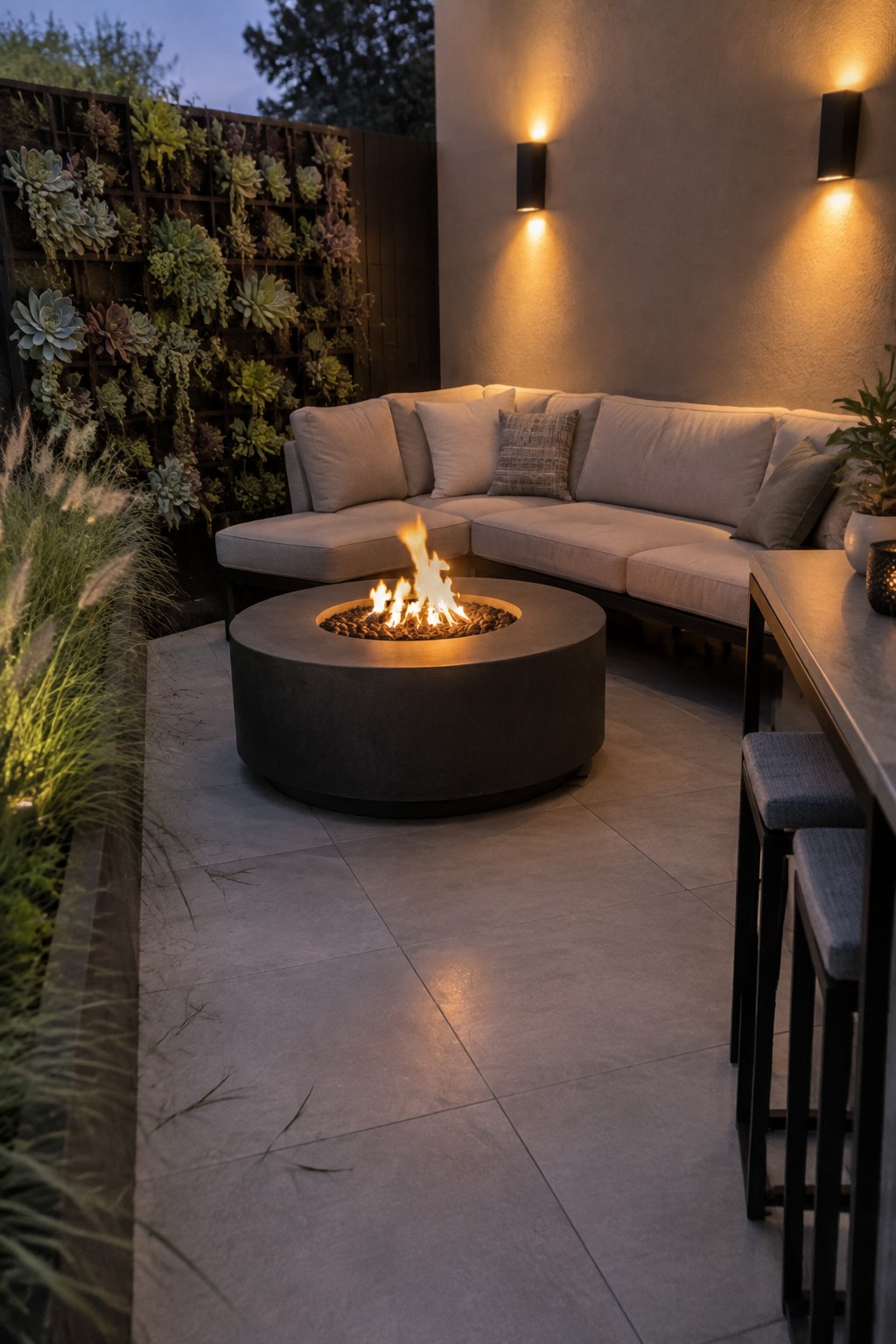 A round concrete fire pit with active flames sits on a tiled patio, surrounded by an L-shaped sectional sofa, with wall sconces above and a vertical succulent wall on the left.