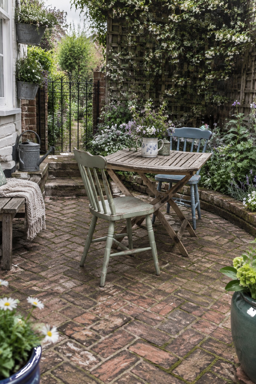 A small brick patio features a weathered wooden folding table with mismatched painted chairs, surrounded by potted plants, a trellis with vines, and garden steps.