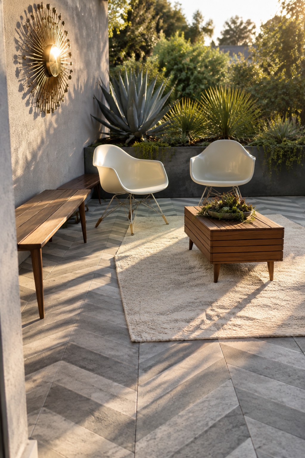 A compact outdoor patio with a wooden bench against a stucco wall, two white molded chairs, a slatted wooden coffee table on a large beige rug, and a sunburst wall decoration.