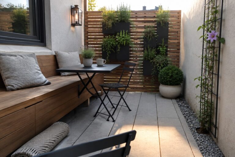 A narrow outdoor patio with a wooden built-in bench with cushions, a black folding table and chairs, wall-mounted planters on a slatted fence, and several potted plants.
