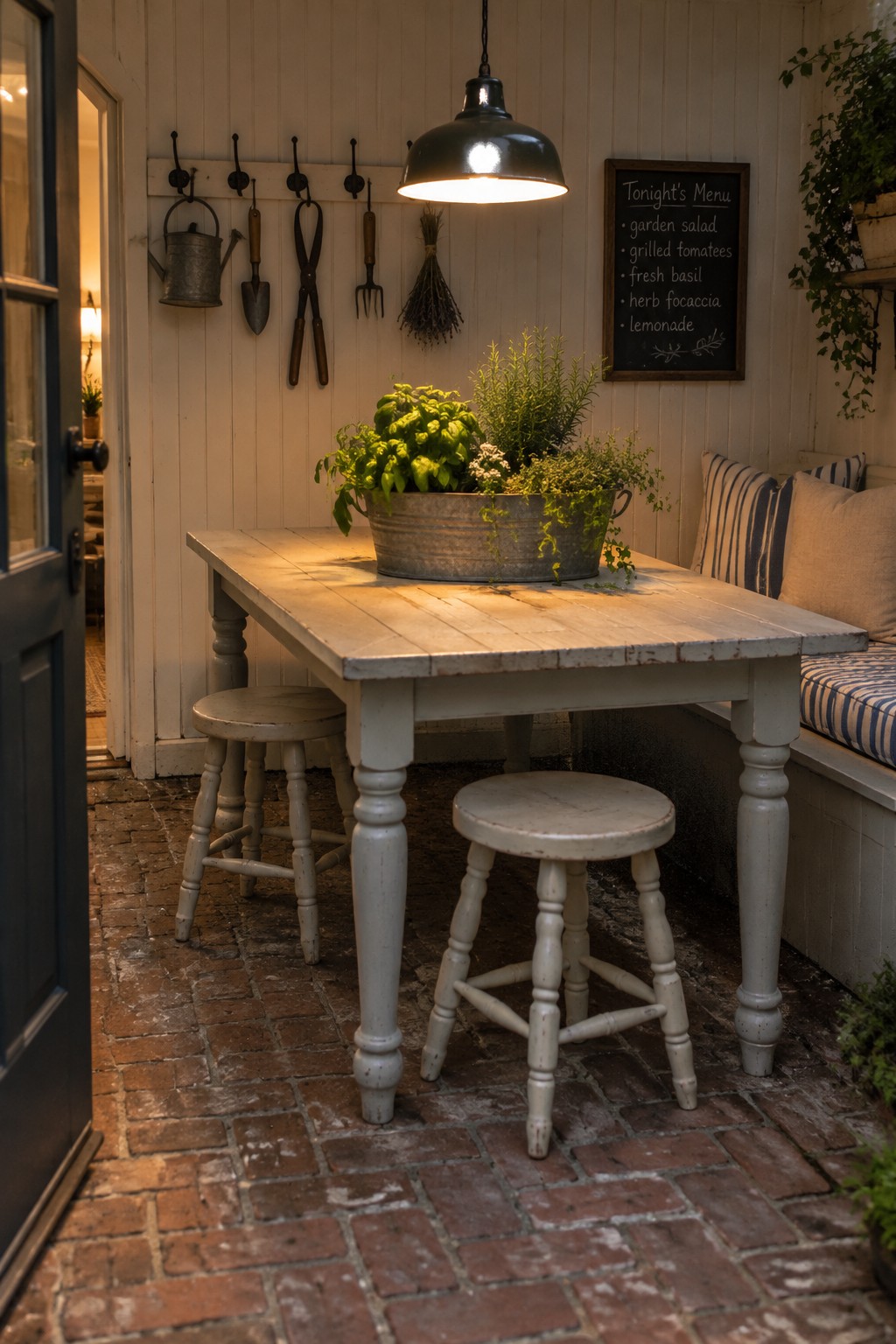Rustic white table with herb-filled metal tub, stools on brick floor under pendant light