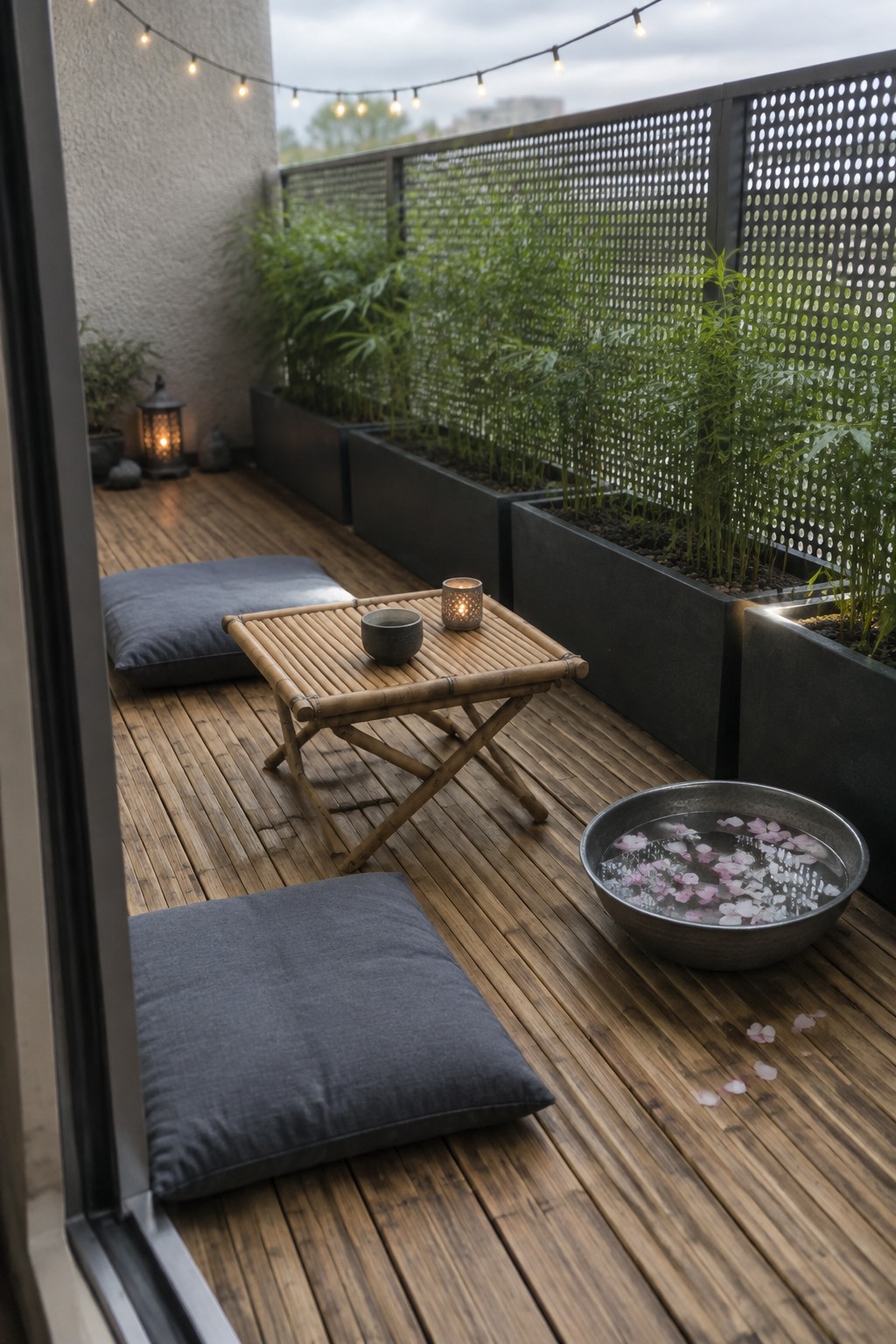 A narrow wooden balcony features two gray floor cushions, a low bamboo table with a cup and lit candle, potted plants along a dark railing, string lights overhead, and a metal bowl of water with floating petals.
