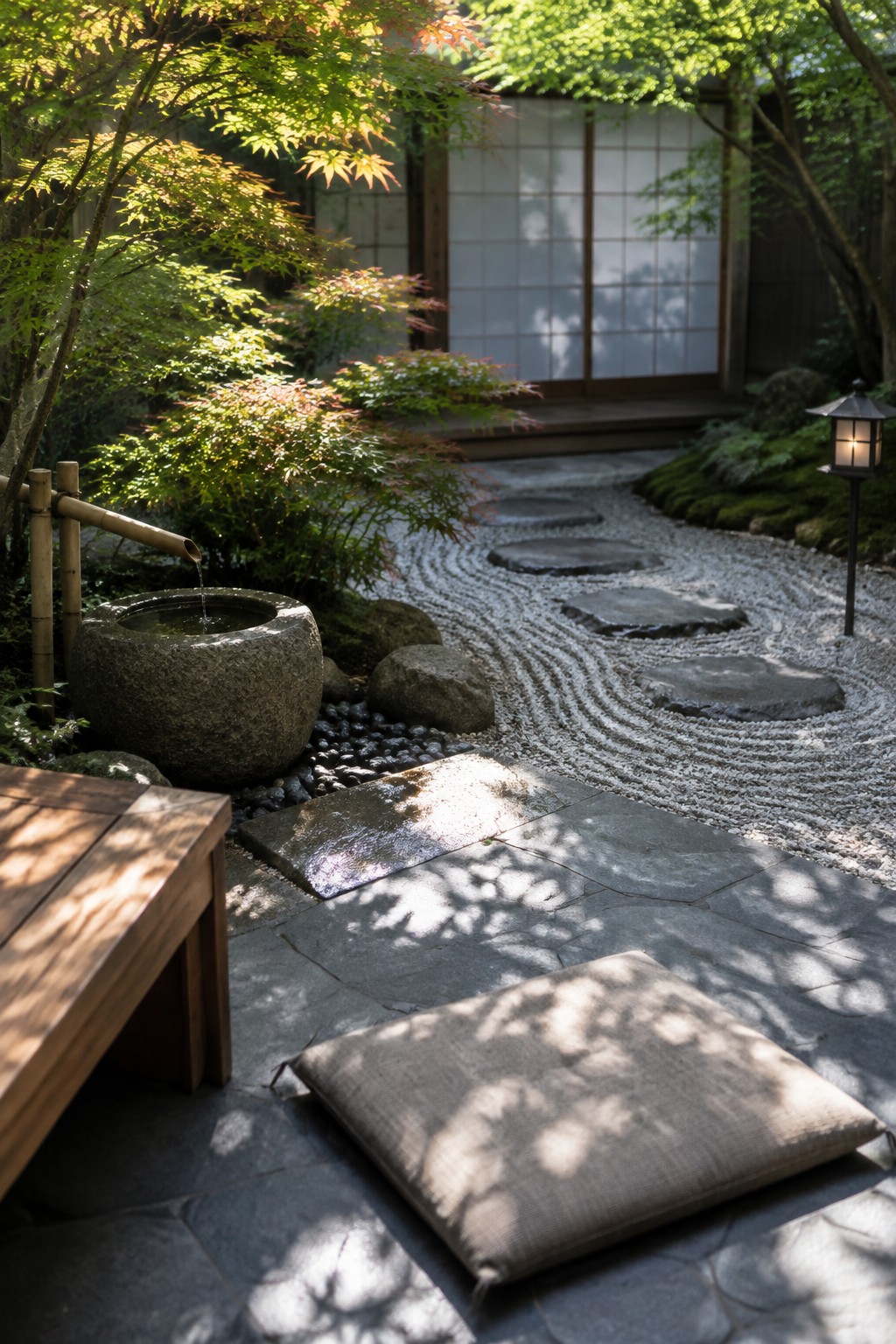 A small courtyard garden features raked gravel with curved patterns, flat stepping stones, a stone water basin fed by a bamboo spout, a cushion on stone pavers, and surrounding trees with a lit lantern.