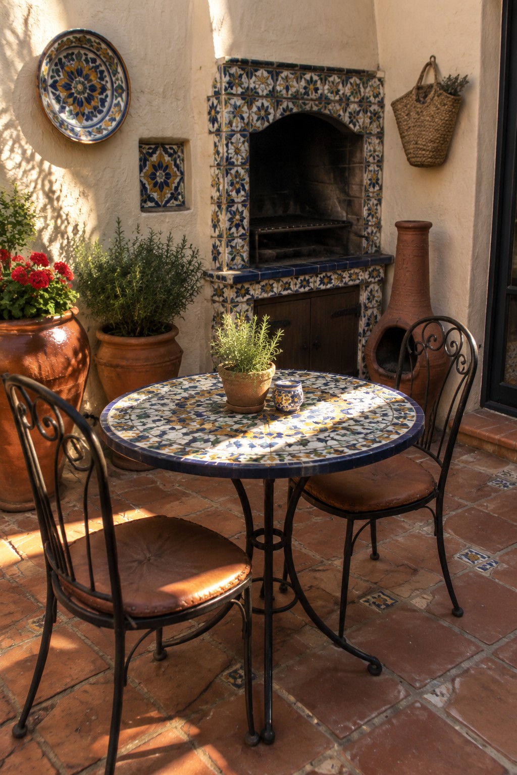 A round mosaic tile table with two metal chairs sits on a brick patio next to a tiled outdoor fireplace and terracotta plant pots.