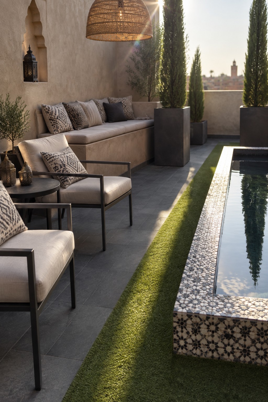 Luxurious patio with mosaic pool, beige seating, woven pendant light, and cypress trees.