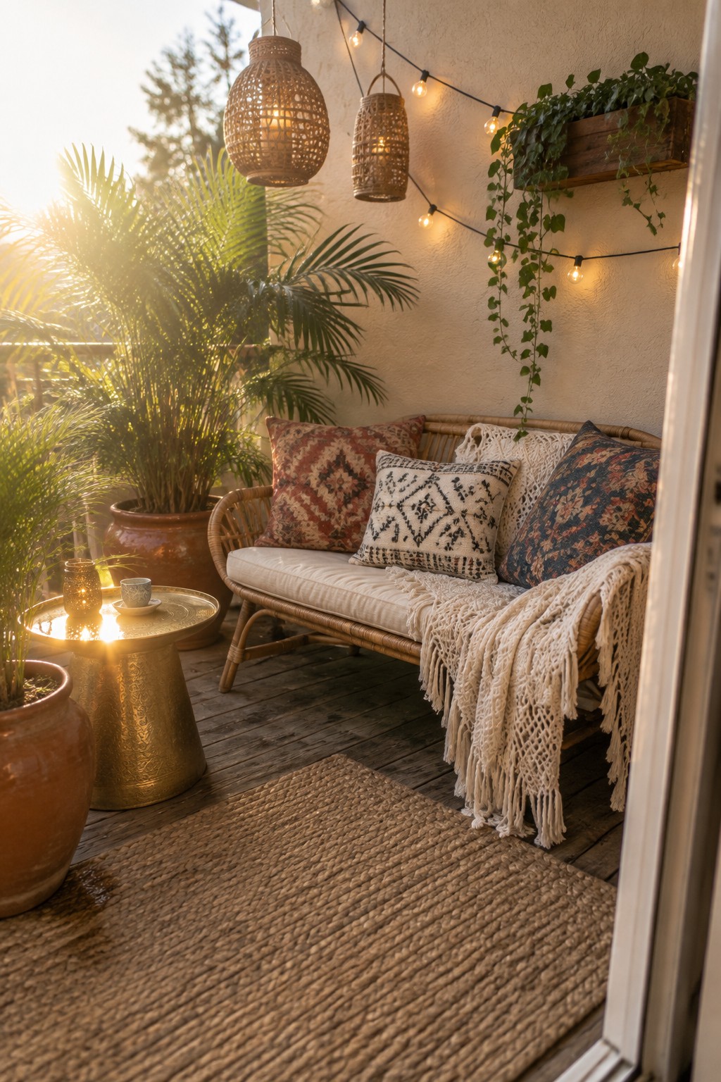 Cozy bohemian balcony with rattan sofa, string lights, potted plants, and macrame throw at sunset