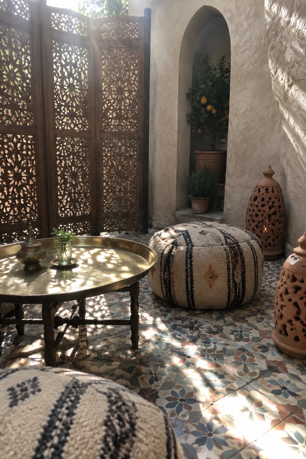 An outdoor patio with colorful patterned tiles, a round brass table, large woven poufs, a carved wooden screen, and terracotta lanterns against stucco walls.