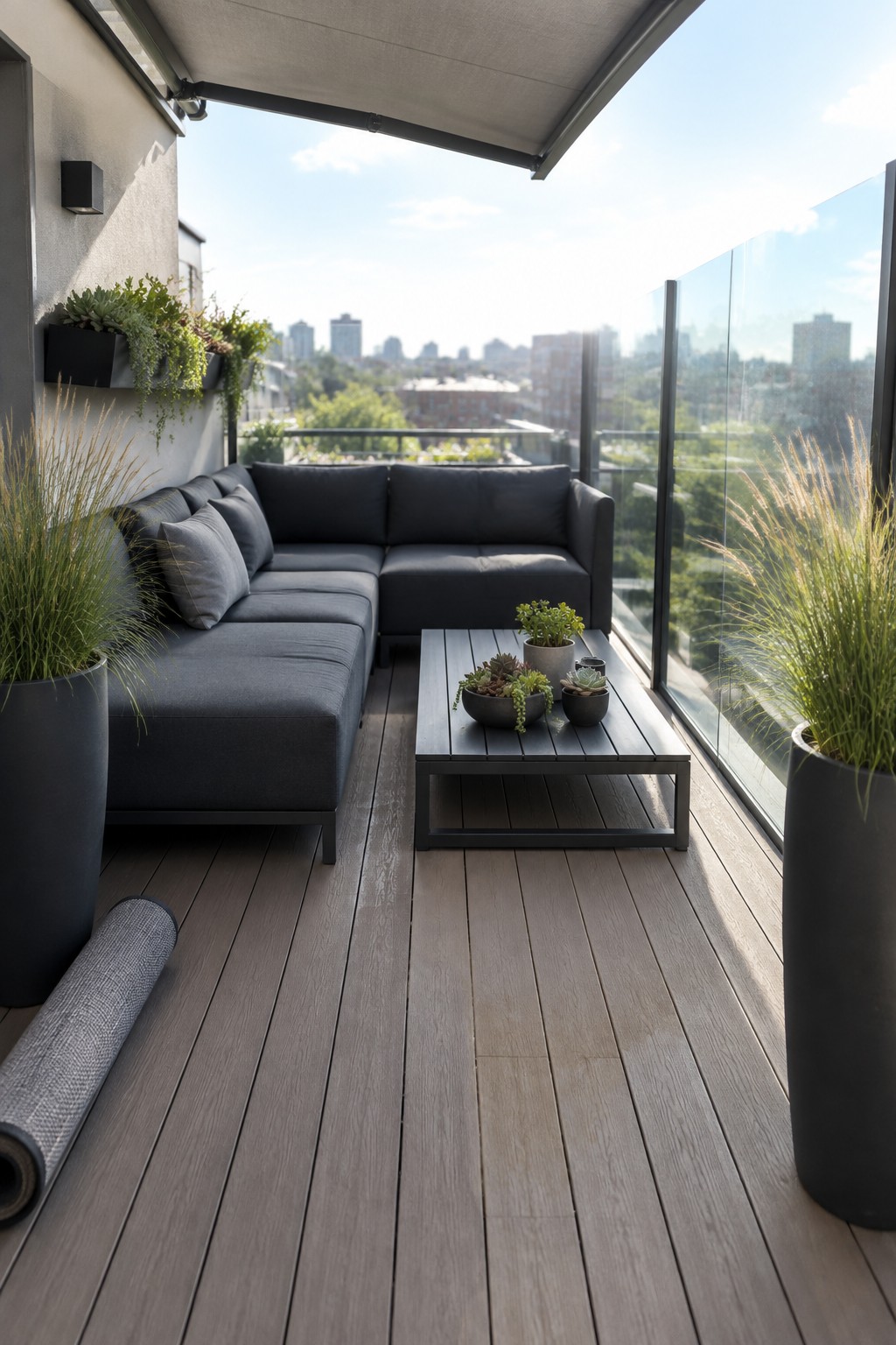 Modern balcony with dark gray sectional sofa, coffee table, and city view