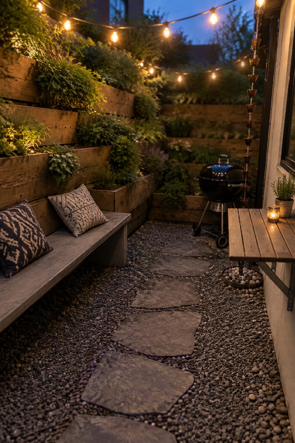 A narrow patio at dusk with tiered wooden planters along the left wall, a concrete bench with two pillows, stepping stones on gravel, a black grill, and string lights overhead.