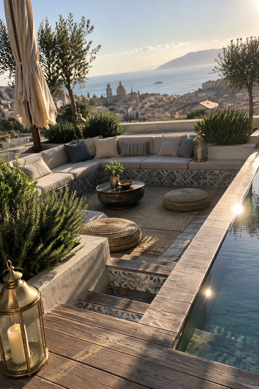 A U-shaped modular sectional sofa with neutral cushions sits on a raised stone patio beside a pool, with a round metal coffee table and woven poufs in the center overlooking a coastal city at sunset.