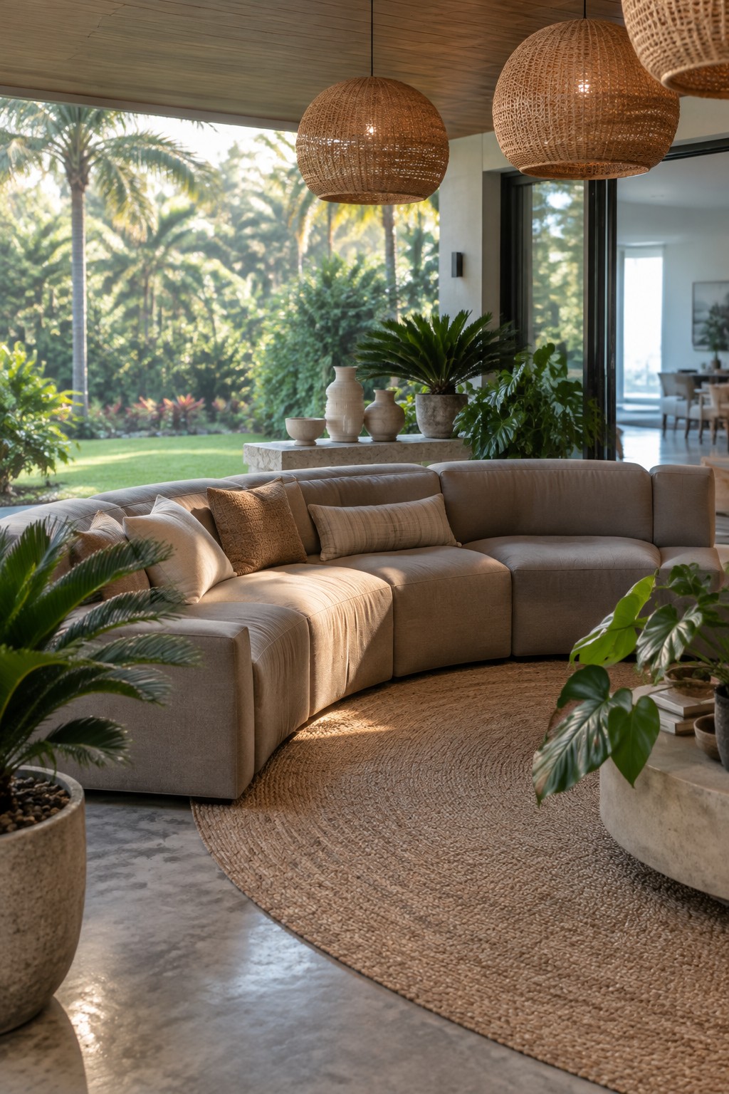 A curved beige modular sectional sofa on a round jute rug in an open living room with potted plants and large glass doors leading to a tropical garden.