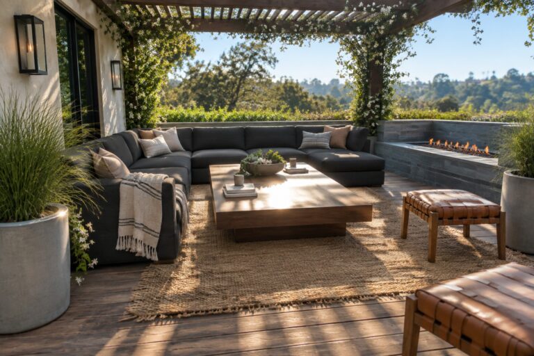 20 Stylish Patio Furniture Ideas Featuring Modular Sectional Seating A dark modular sectional sofa arranged on a wooden deck with a jute rug, wooden coffee table, brown leather ottomans, and a linear fire pit under a vine-covered pergola.