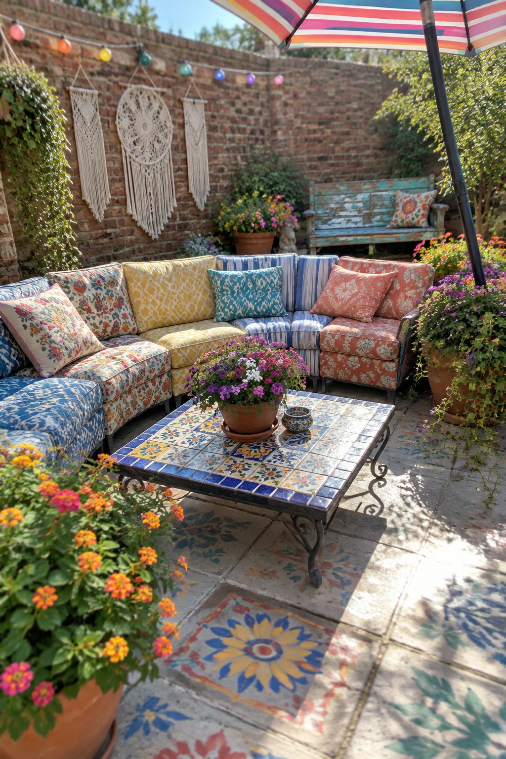 A modular sectional sofa with mixed colorful patterned cushions arranged around a mosaic tiled coffee table on a brick patio with string lights and potted flowers.