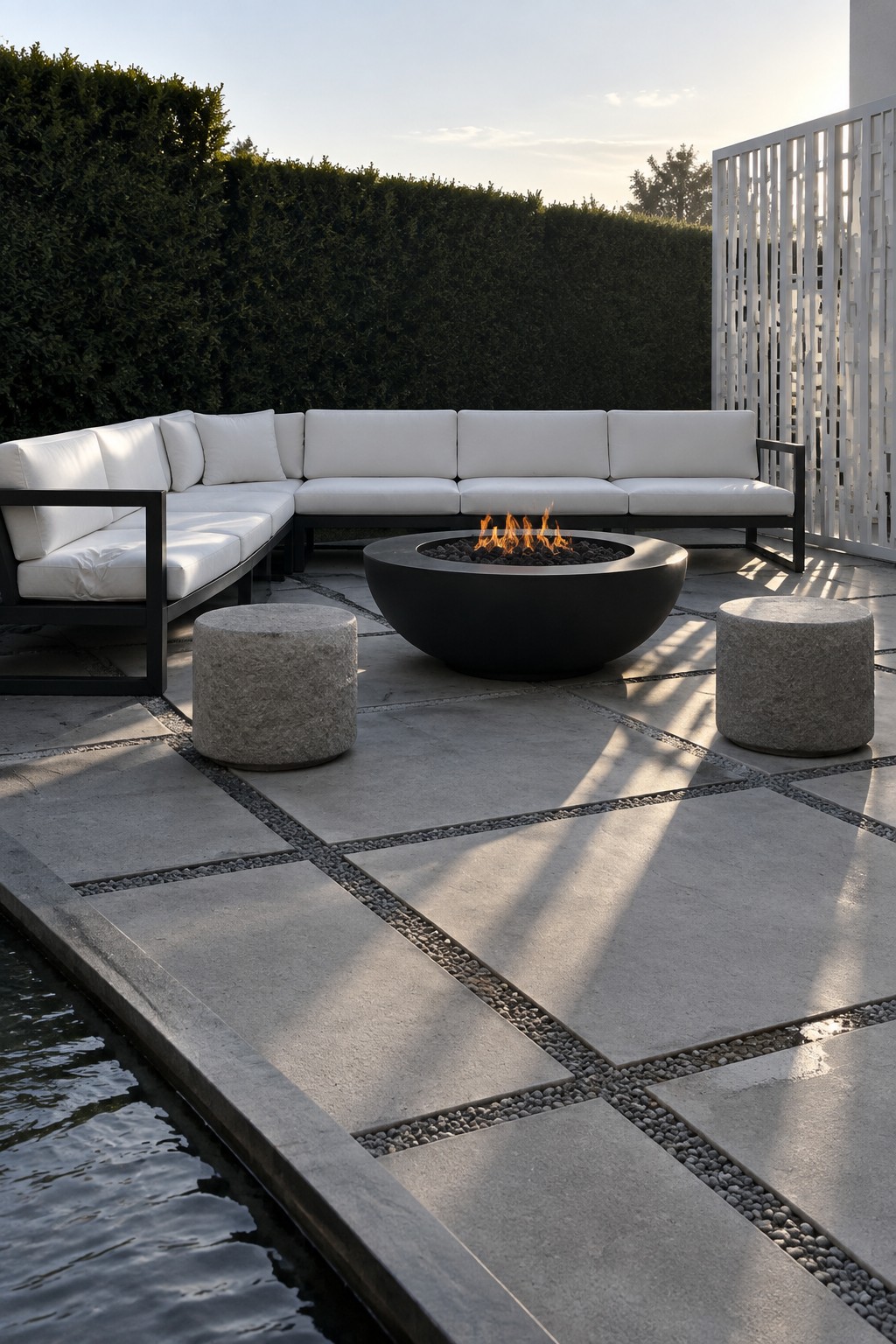 Modern patio with white sectional sofa, black fire pit, and stone stools on stone tiles