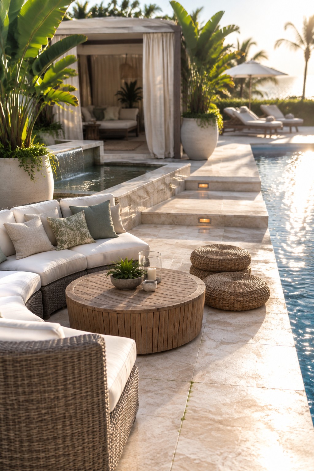 Luxurious poolside patio with white sectional sofa, round wooden table, and woven poufs