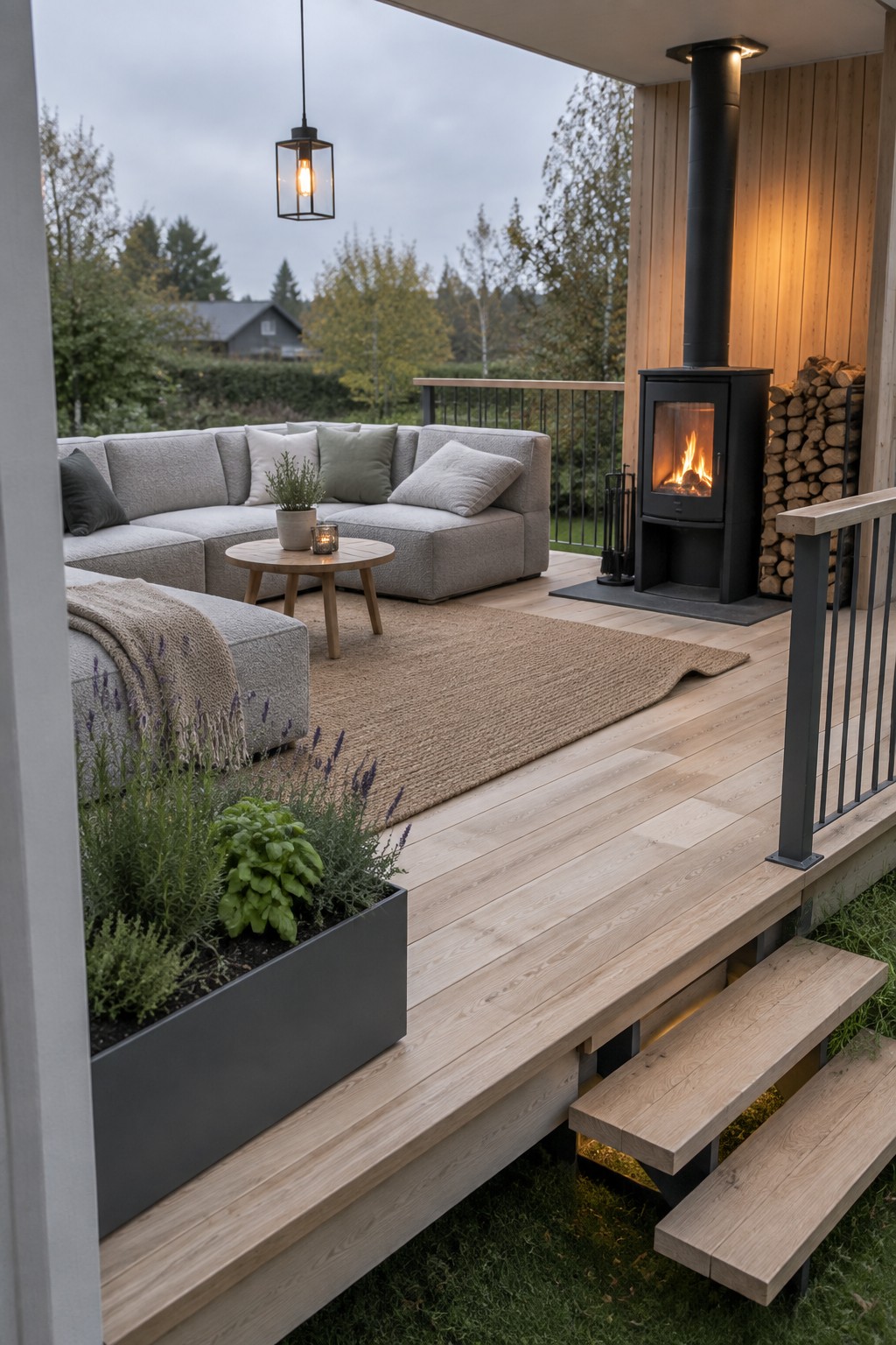 Modern deck with gray sectional sofa, lit fireplace, rug, and steps at dusk
