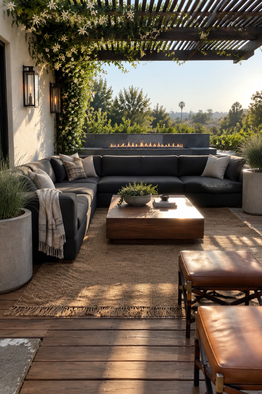A dark modular sectional sofa arranged on a wooden deck with a jute rug, wooden coffee table, brown leather ottomans, and a linear fire pit under a vine-covered pergola.