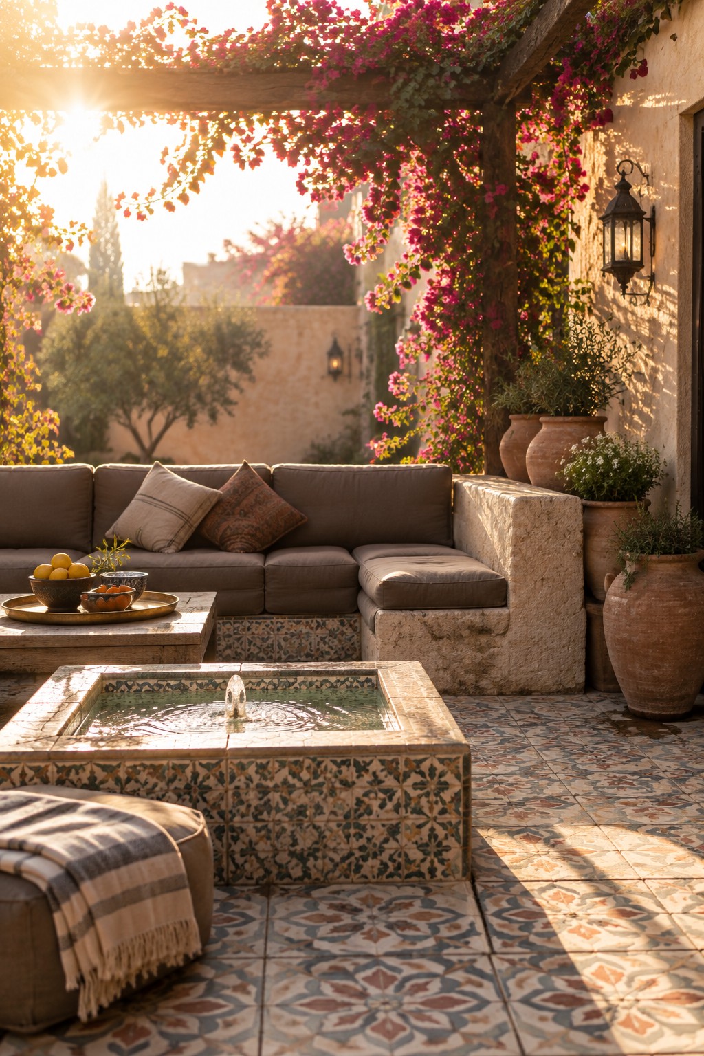 A sunlit patio featuring a modular brown sectional sofa arranged around a square tiled fountain, with bougainvillea vines overhead and terracotta pots along the wall.