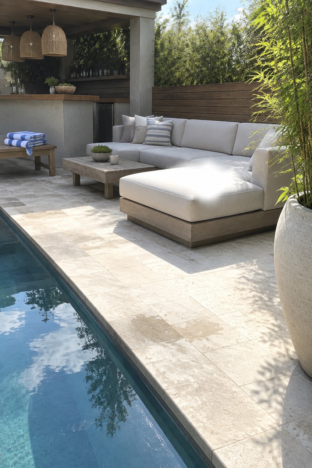 A light gray modular sectional sofa with chaise sits on a tiled patio directly beside a swimming pool, with an outdoor bar and hanging lights visible in the background.