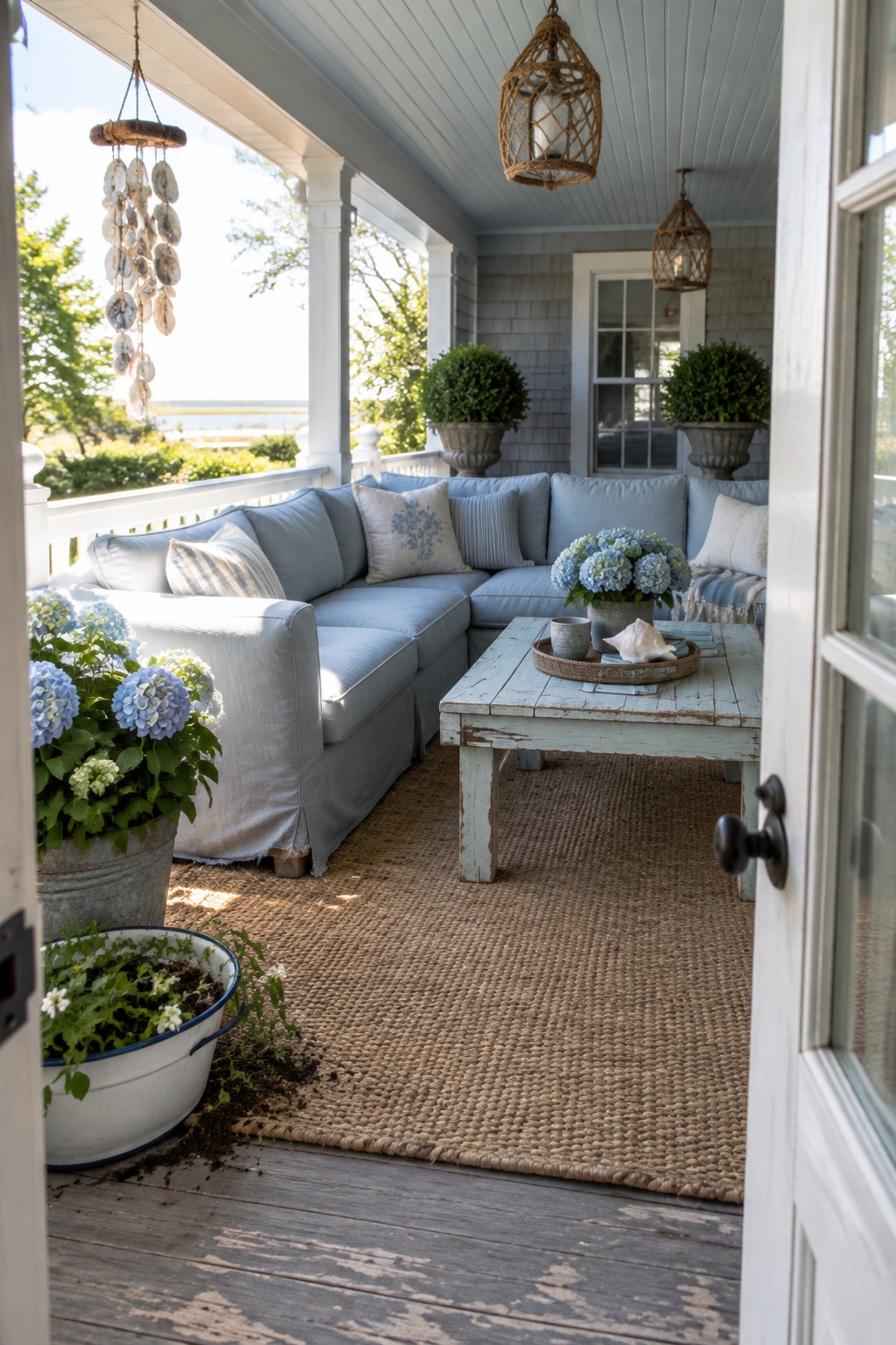 A light blue modular sectional sofa arranged in an L-shape on a covered porch with a white wooden coffee table, jute rug, and potted hydrangeas.