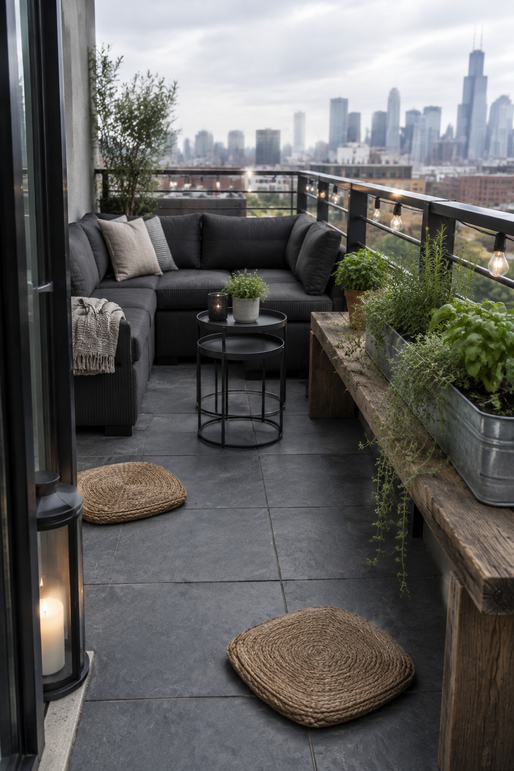 A dark gray modular sectional sofa arranged on a tiled balcony with nesting tables, woven rugs, potted plants in metal containers, and string lights along the railing overlooking a city skyline.