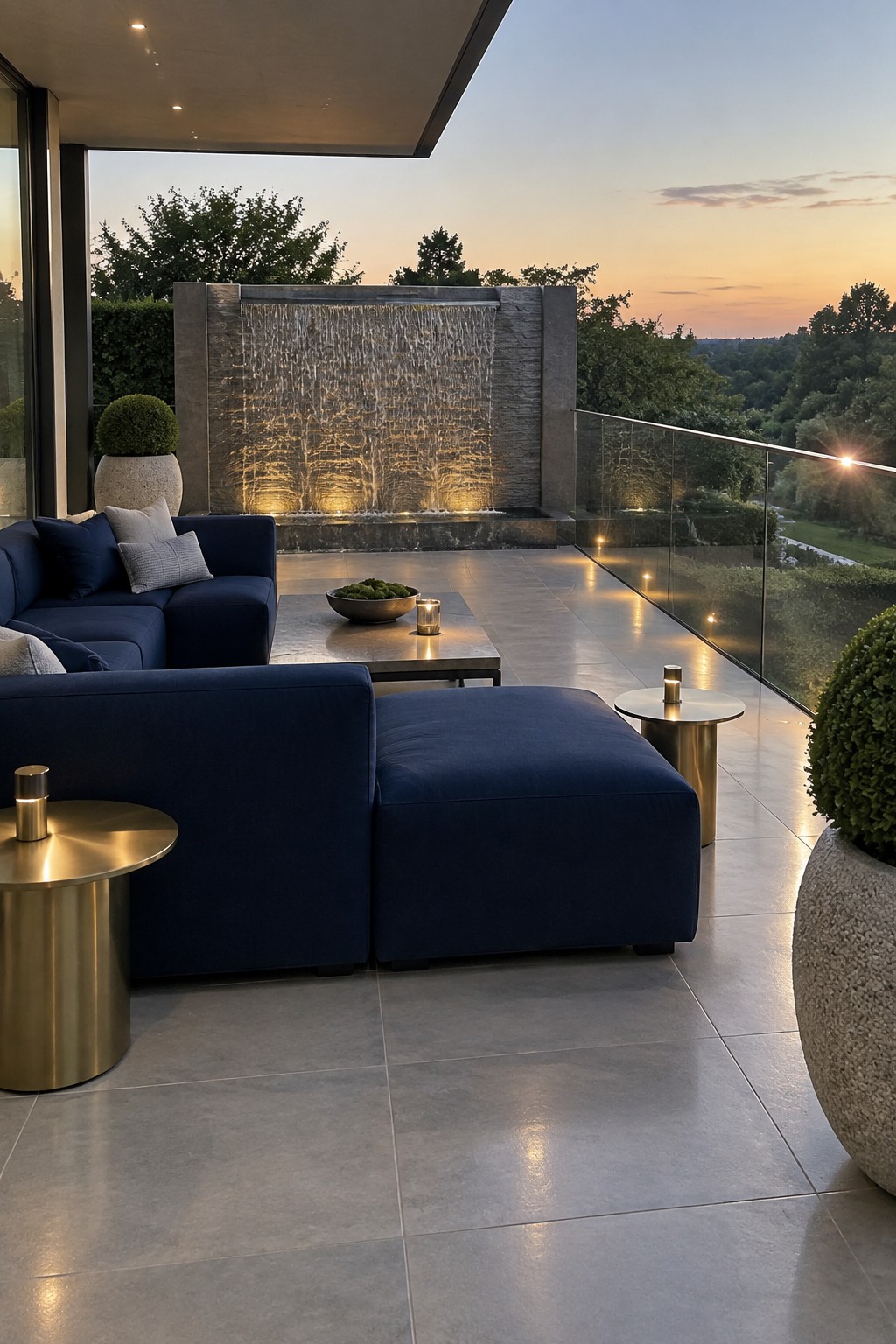 A large blue modular sectional sofa with an ottoman sits on a stone-tiled patio beside a lit water fountain wall at dusk.