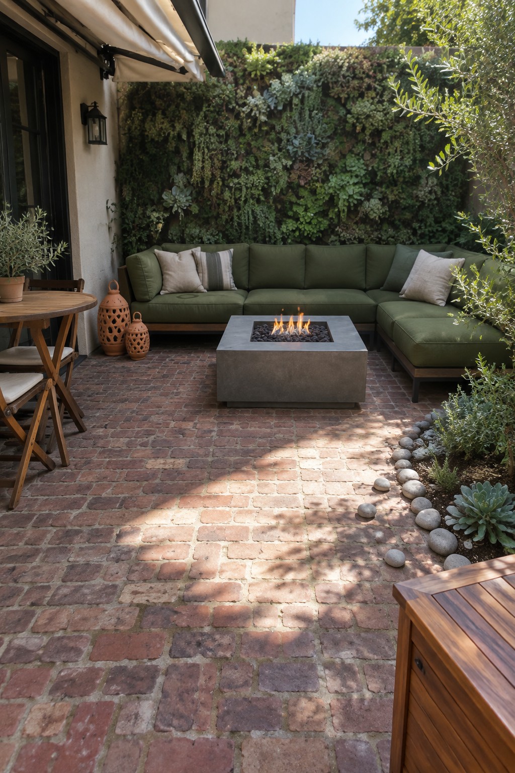 Sunlit brick patio with green sectional sofa, flaming fire pit, and living wall.