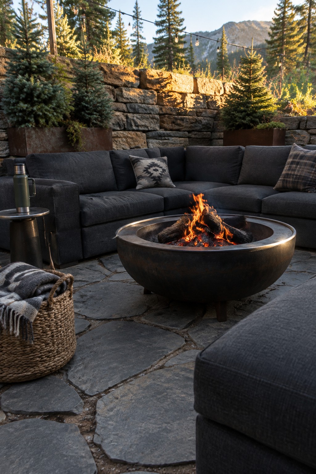 A dark gray modular sectional sofa arranged in a wide curve around a round metal fire pit on a flagstone patio, with a woven basket and side table nearby.