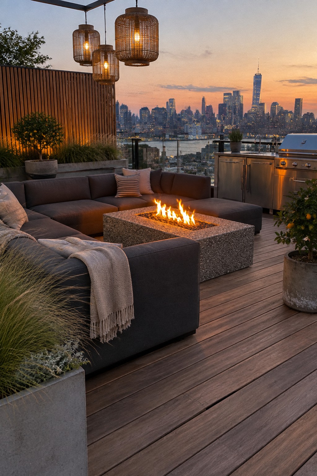 Rooftop deck with dark sectional sofa, stone fire pit, hanging lanterns, city skyline at dusk