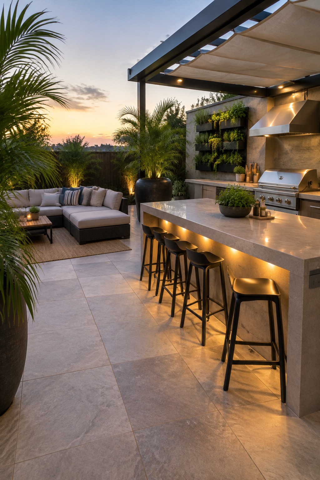 A modern outdoor patio at dusk with a large modular sectional sofa on the left, a long bar counter with black stools on the right, and an outdoor kitchen with grill and hanging planters in the background.