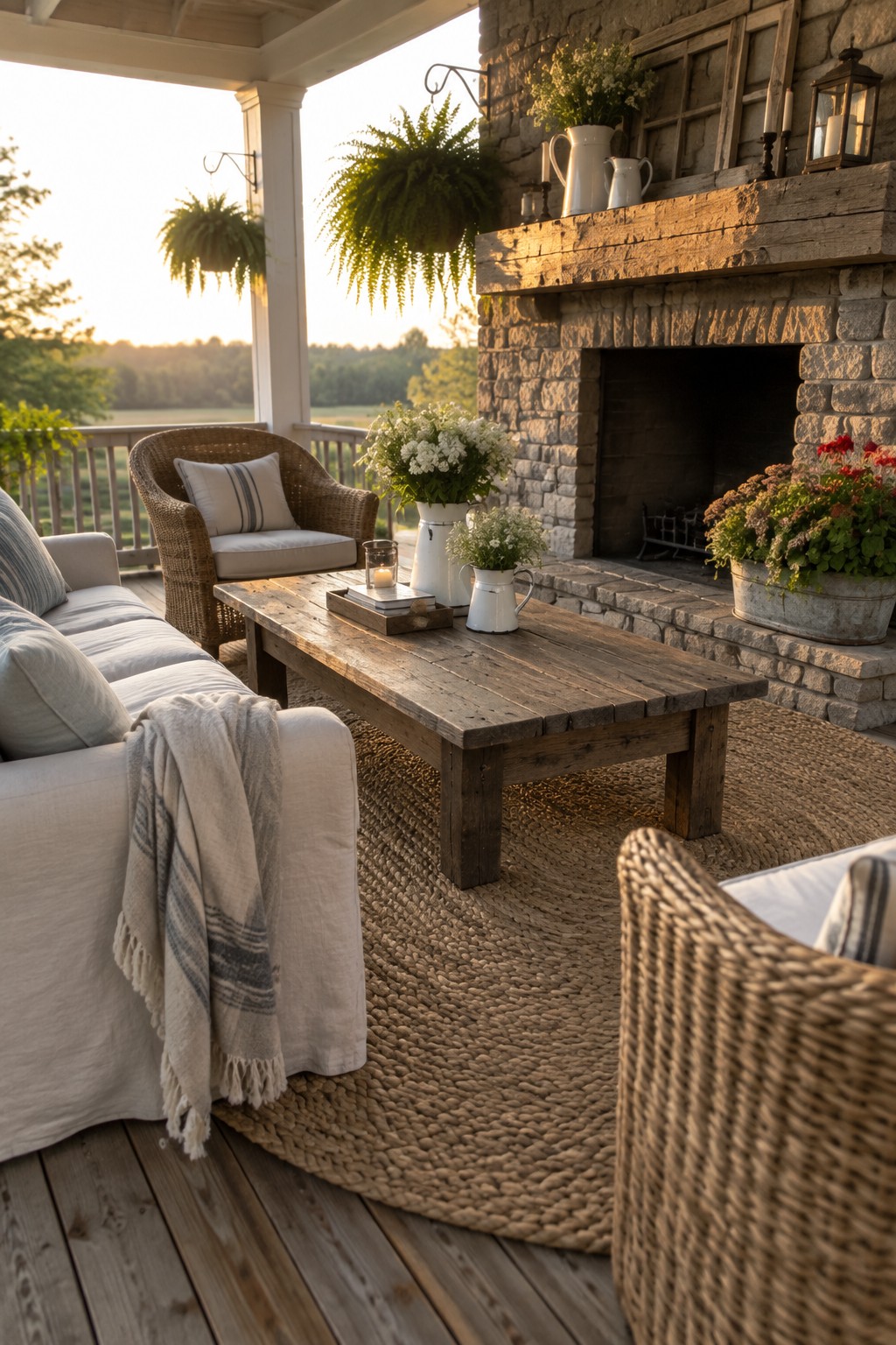 A covered porch with a stone fireplace, wooden coffee table on a round jute rug, wicker seating, and a white sofa with a throw blanket.
