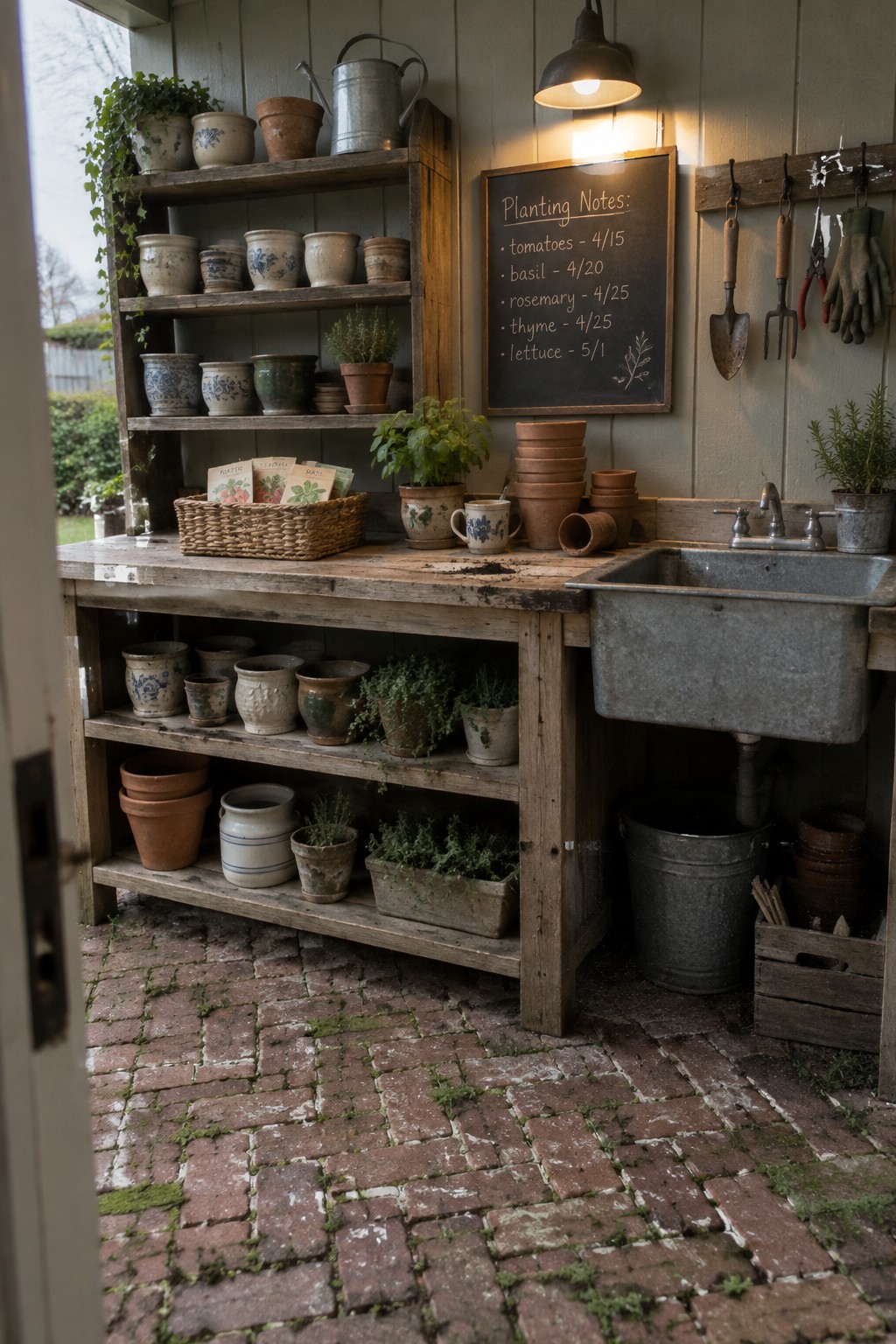 Rustic wooden potting bench filled with ceramic pots, herbs, chalkboard notes, and metal sink.