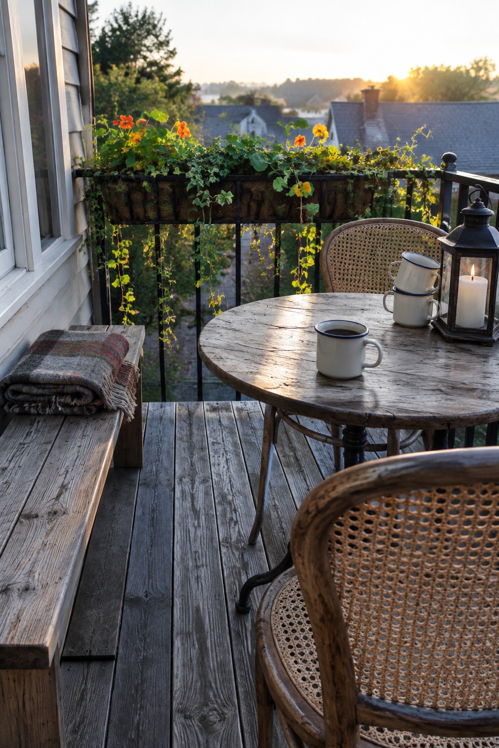 A wooden balcony with a round rustic table holding white mugs and a lit lantern, two cane-back chairs, a bench with a folded plaid blanket, and a metal planter box of flowers along the railing at sunset.