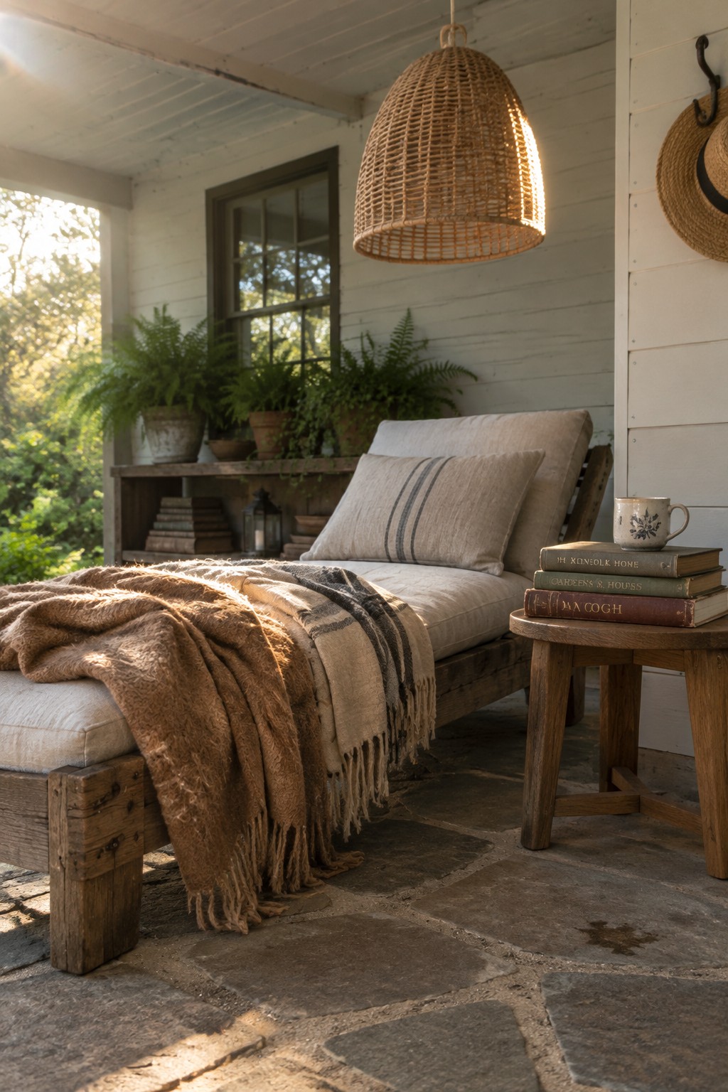 Cozy rustic porch with wooden chaise, woven pendant light, books and blanket