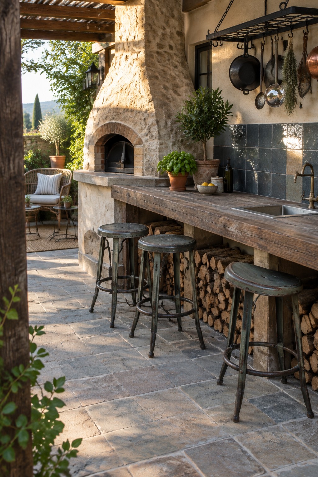 An outdoor kitchen on a stone patio with a large built-in stone oven, wooden counter, metal stools, hanging pots and pans, and a sink area.