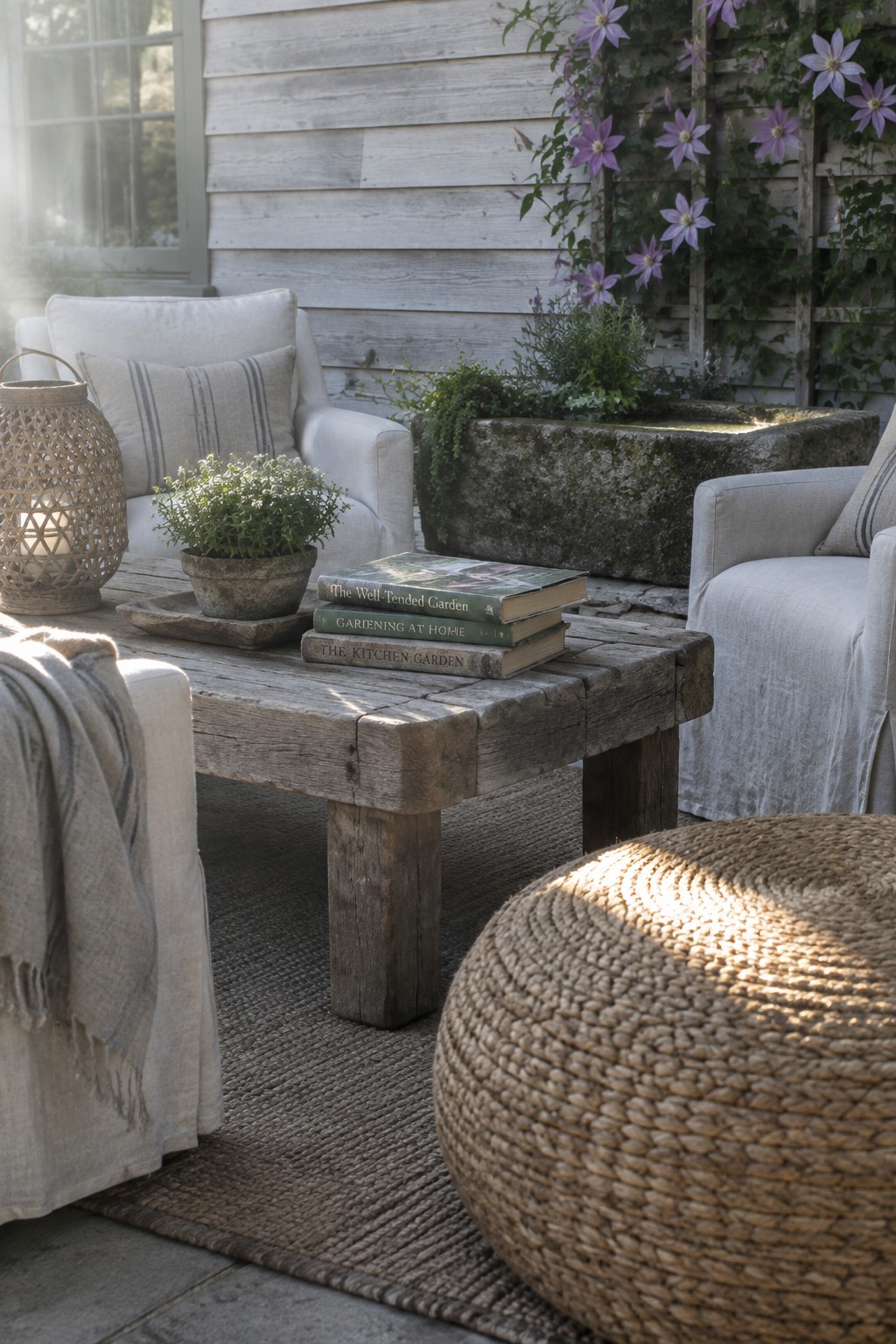 An outdoor patio with a large weathered wood coffee table, light linen armchairs, a woven pouf, and a potted plant beside a stone wall with climbing purple flowers.