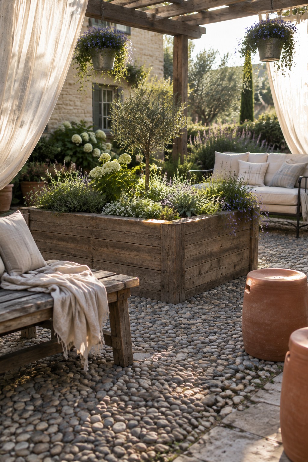 Rustic wooden planter with lush plants on cobblestone patio under wooden pergola