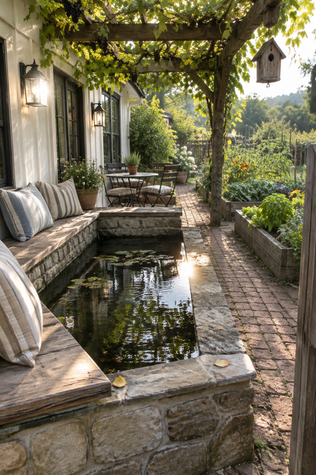Stone pond with lily pads, striped cushions on bench under vine pergola in garden