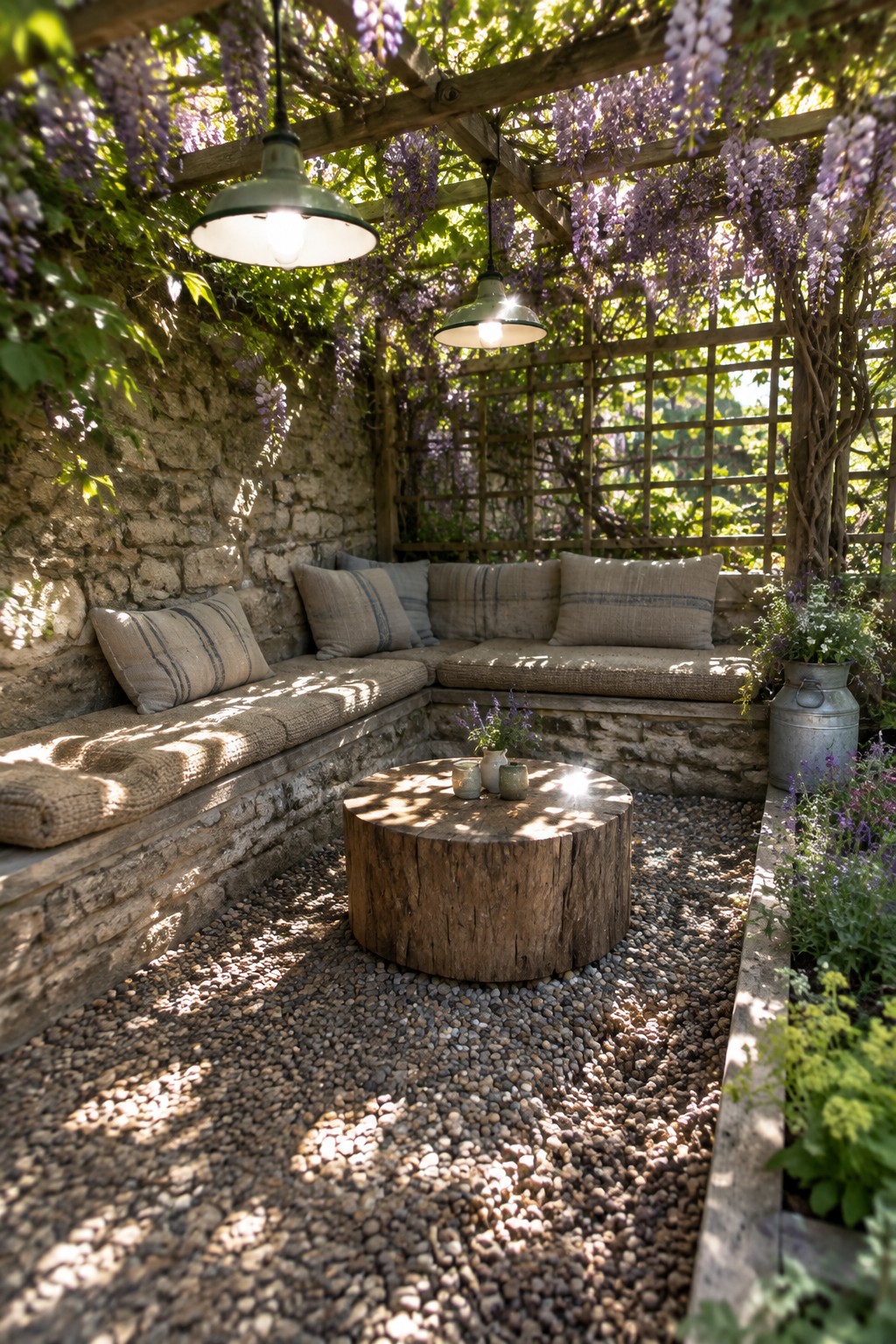 Rustic garden nook with wisteria-covered pergola, cushioned stone benches, and wooden table.