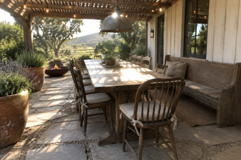 A long rustic wooden dining table with mixed wooden chairs and a bench with cushions sits on a stone patio under a pergola strung with lights.