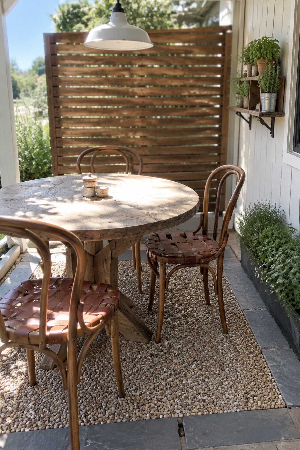 A round rustic wood table with bentwood chairs sits on gravel beside a horizontal wood slat screen, with potted plants along the house wall.
