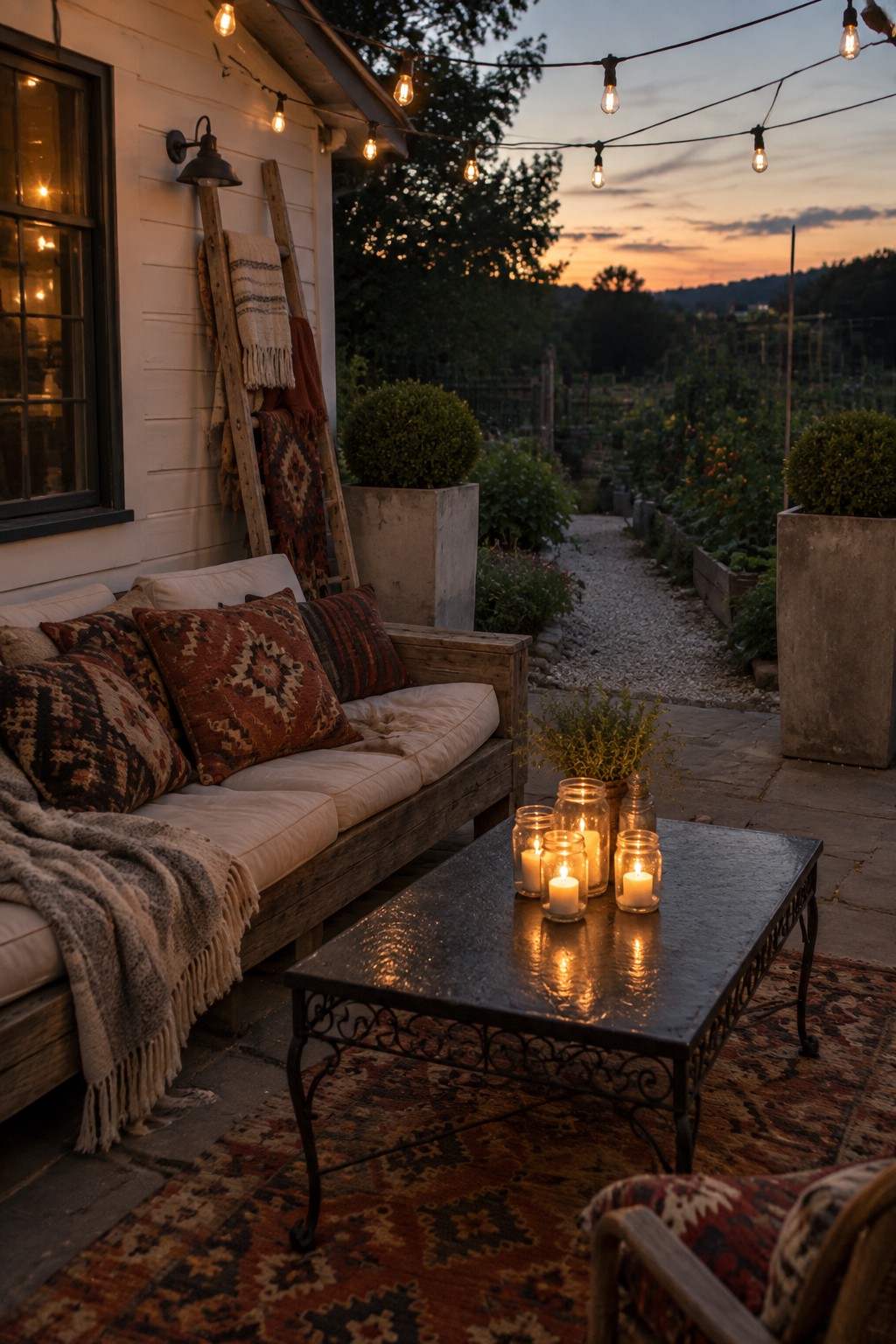 A rustic wooden bench with white cushions and patterned pillows sits on layered rugs next to a metal coffee table holding lit candles, with string lights overhead on a stone patio at dusk.