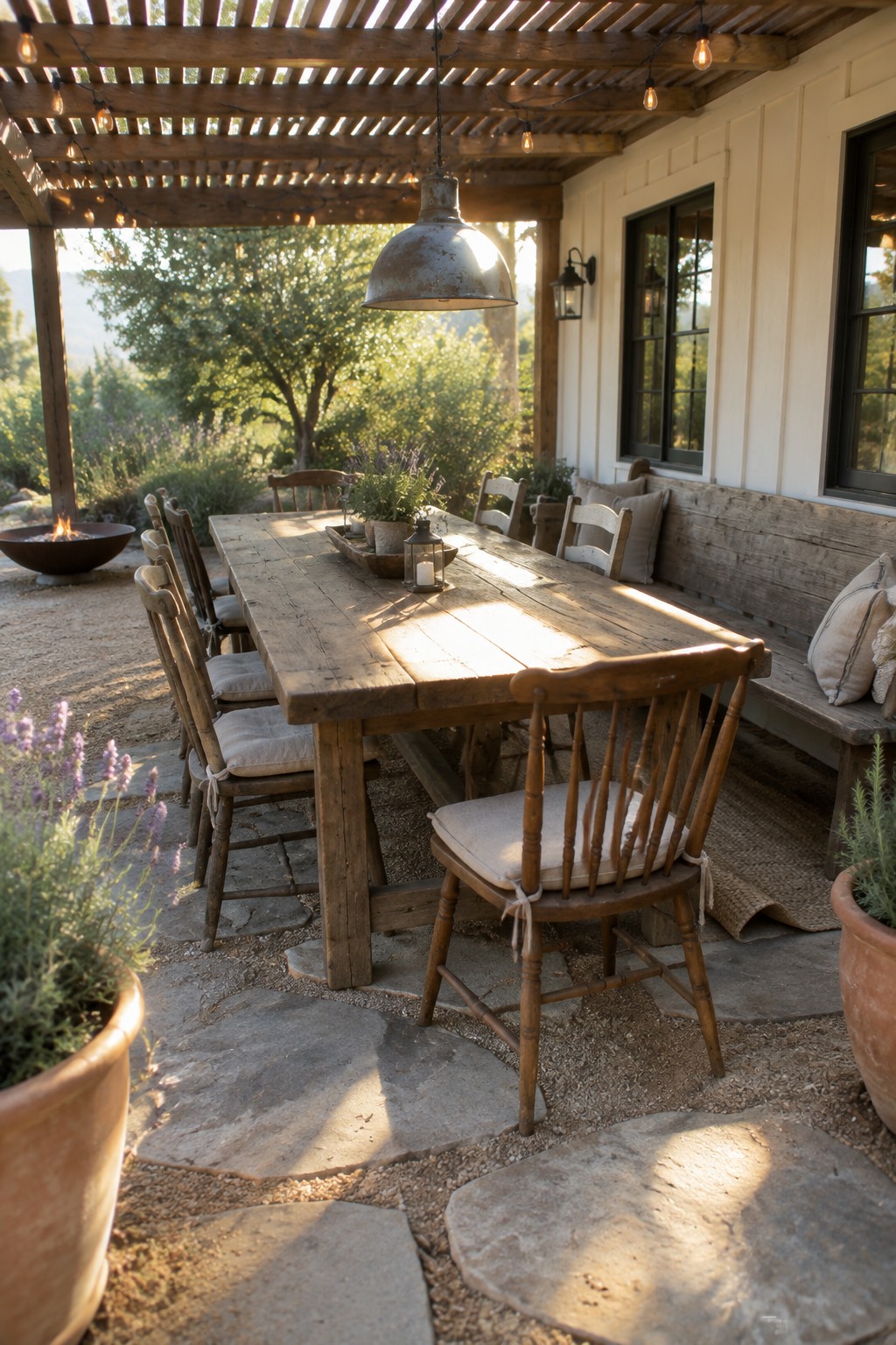 A long rustic wooden dining table with mixed wooden chairs and a bench with cushions sits on a stone patio under a pergola strung with lights.