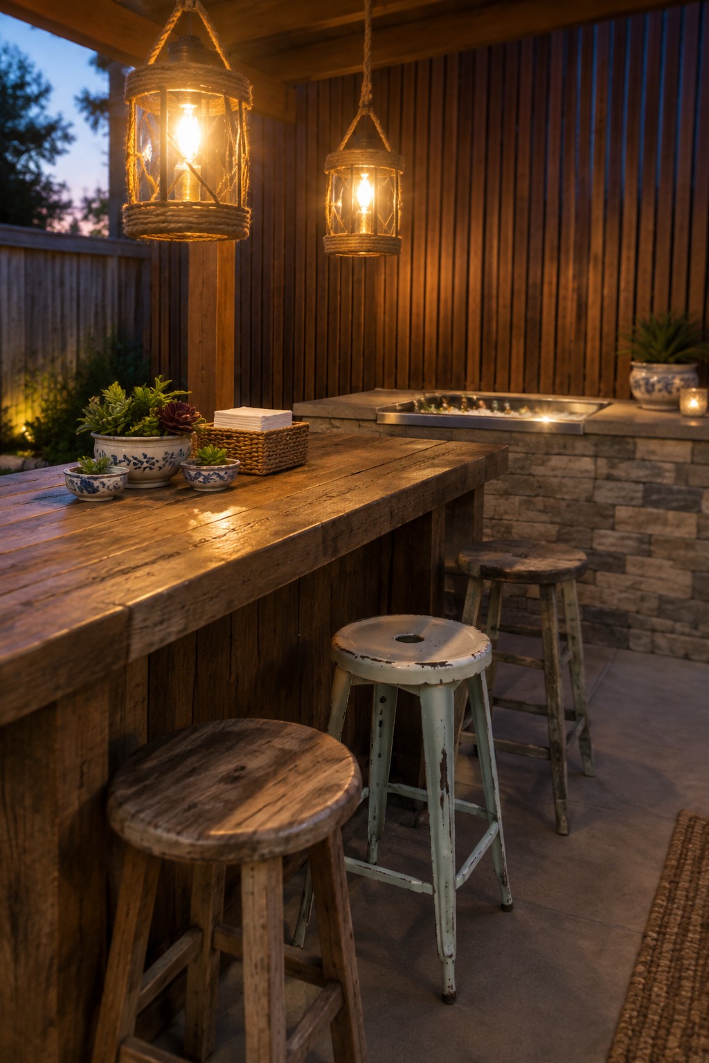 A wooden patio bar counter with two stools, hanging lanterns above, and a built-in grill area set against vertical wood siding.