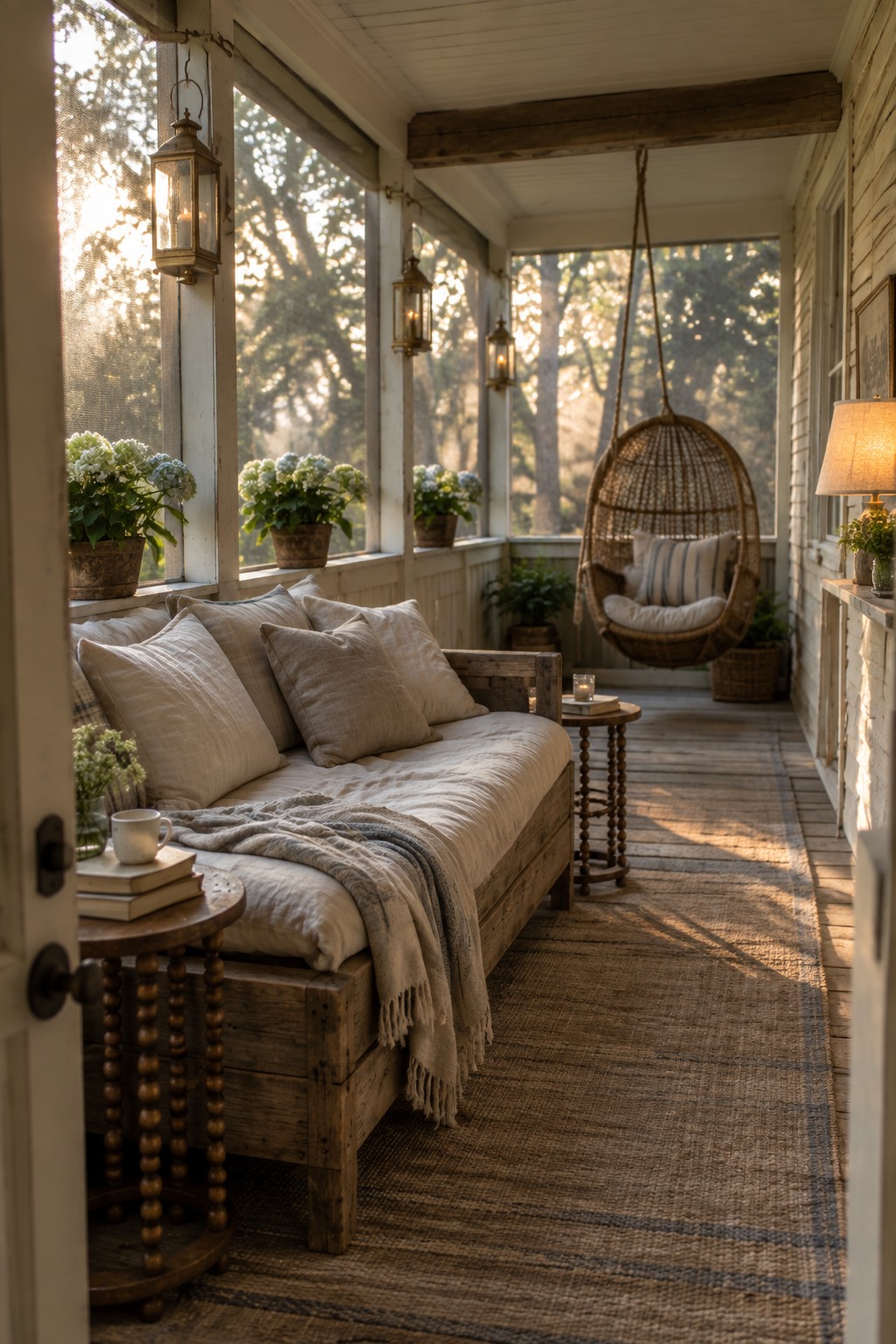 A screened porch featuring a rustic wooden sofa with neutral pillows and a throw, a hanging wicker chair, and potted plants along large windows.