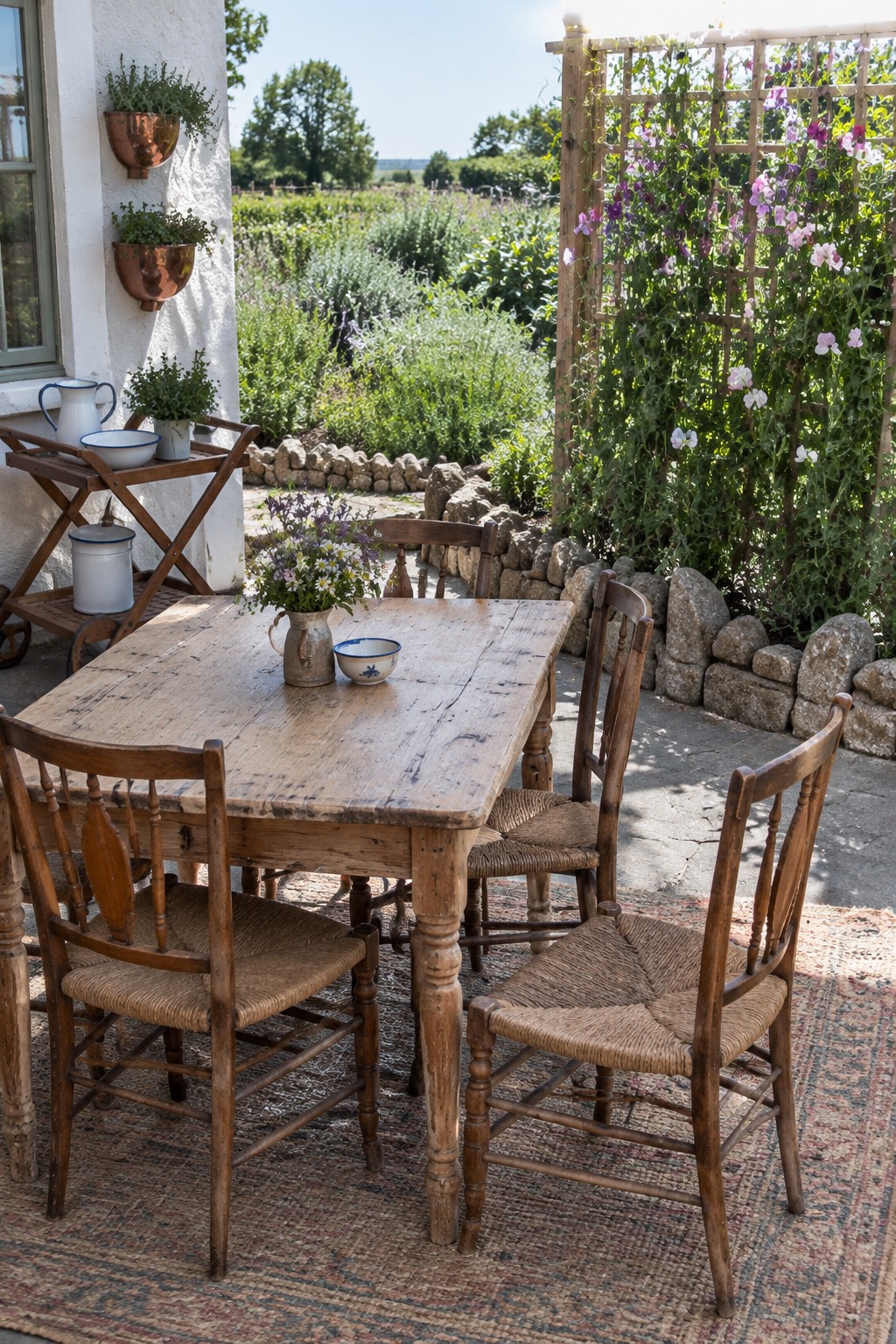 A weathered wooden dining table with four mismatched wooden chairs on woven seats arranged on a patterned rug beside a vine-covered trellis on a stone patio.
